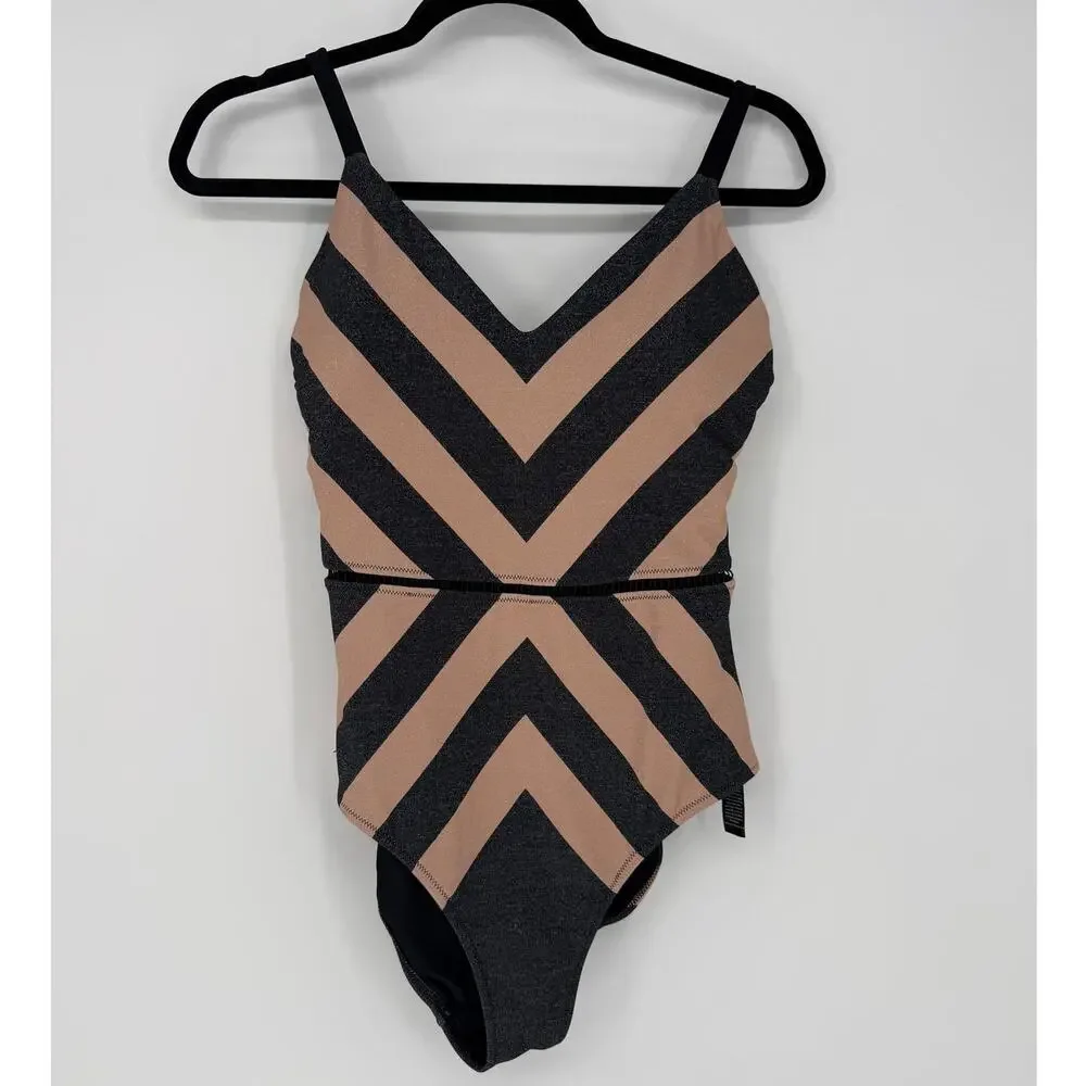 Biliblond One Piece Swimsuit Arava Stripes Black Nude Metallic Size Large L - Picture 4 of 9